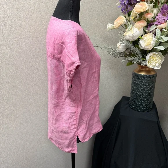 Tahari 100% Linen Pink Split Neck Short Sleeve Top M Summer Lightweight Blouse - Picture 4 of 7
